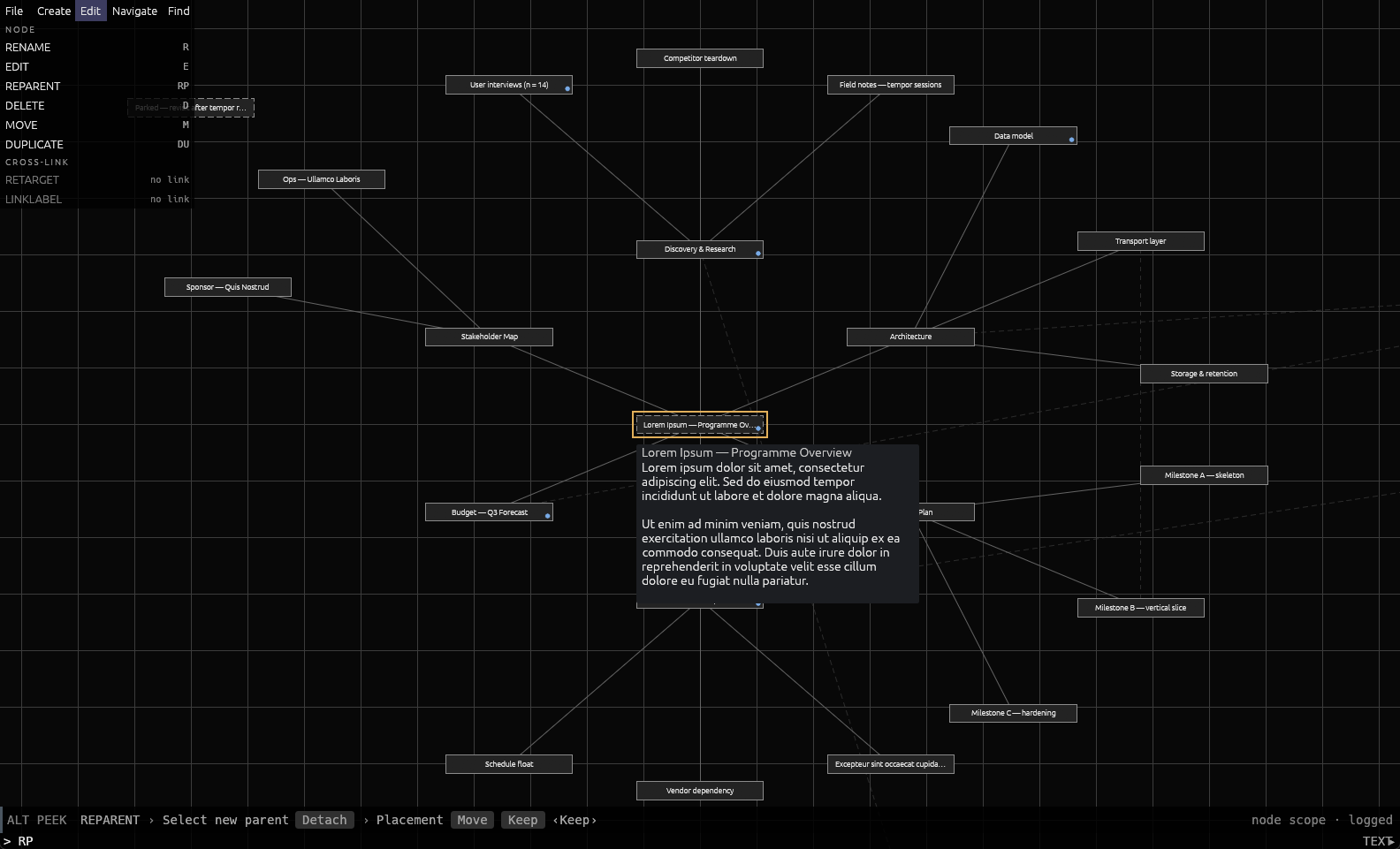 CMDmap mid-peek: the typed command RP sits on the command line while the prompt strip above spells out its whole sequence, and the Edit palette tab shows two greyed commands labelled 'no link'.