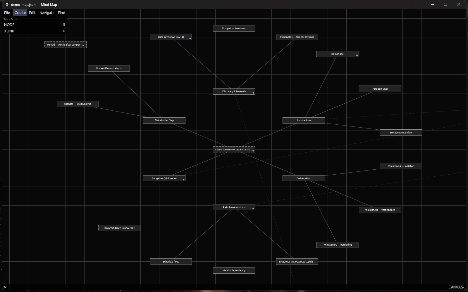 The CMDmap window: a dark grid canvas of labelled node boxes joined by lines, a command palette down the left edge, and a command line along the bottom.