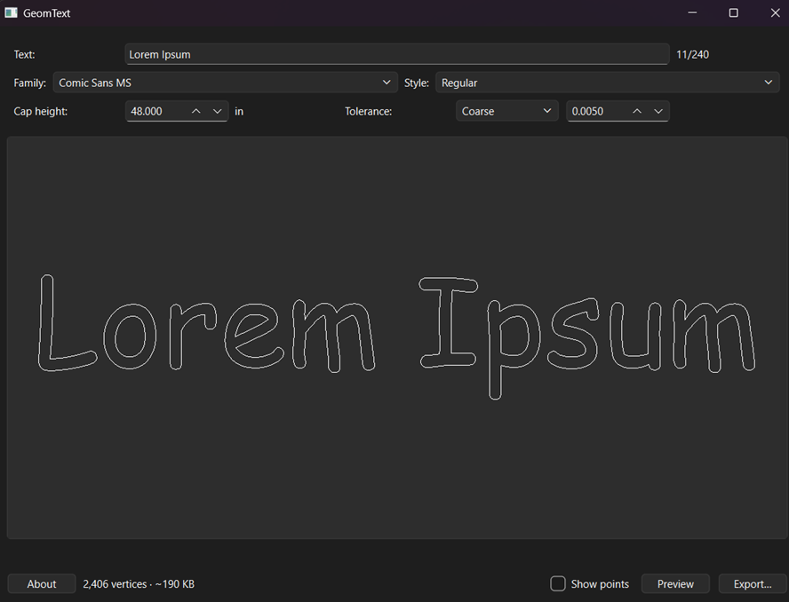The GeomText window: a text field reading Lorem Ipsum, font family and style pickers, cap height and tolerance controls, and a preview of the outlined letterforms.